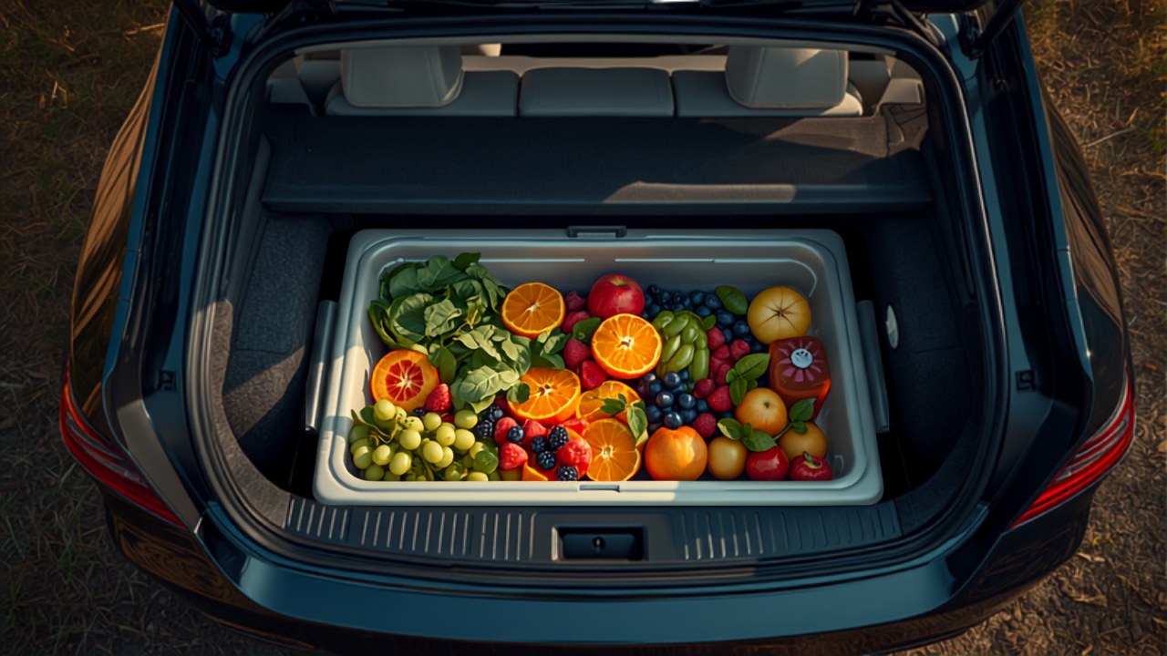 Cooler packed with fresh produce in a car
