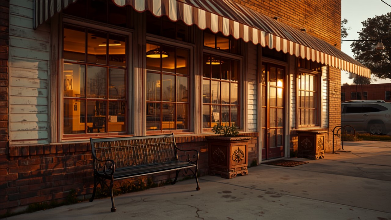 Small-town café storefront at golden hour